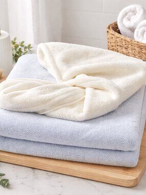 Soft Plush Bath & Hair Towel Set | Absorbent | Light Blue & Cream